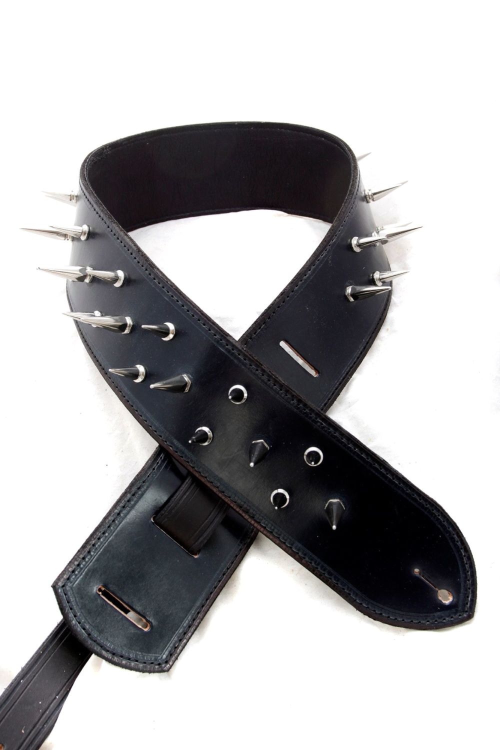 Handmade Black Leather Guitar Strap with Spikes