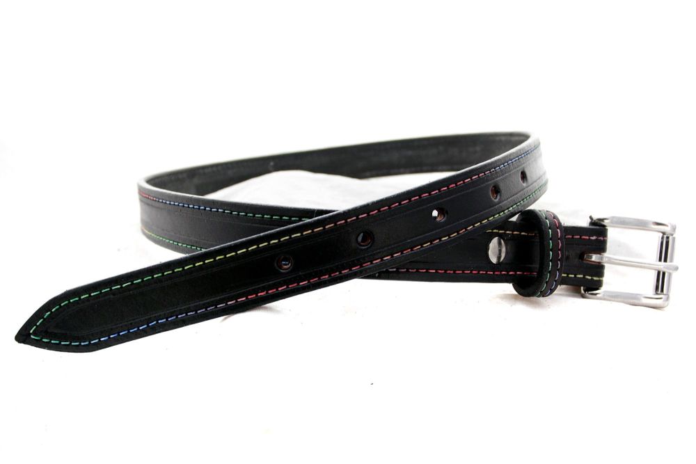 Handmade Black Leather  Belt with Rainbow Stitching