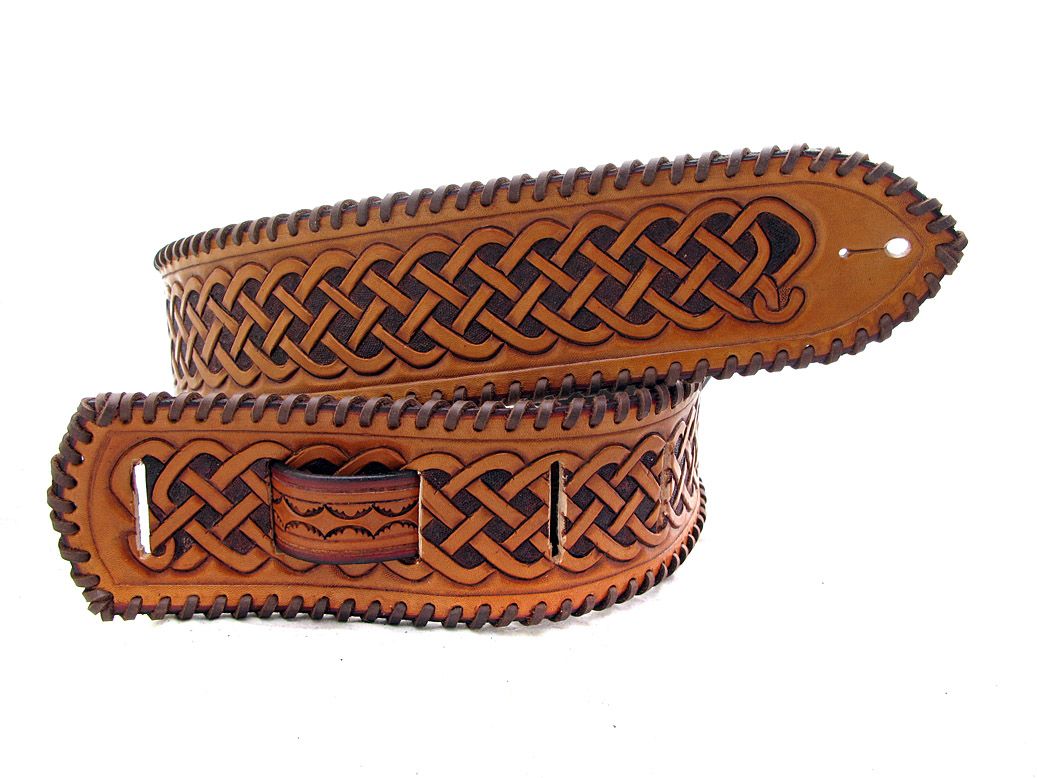 Handmade Leather Celtic Guitar Strap with Lacing Detail