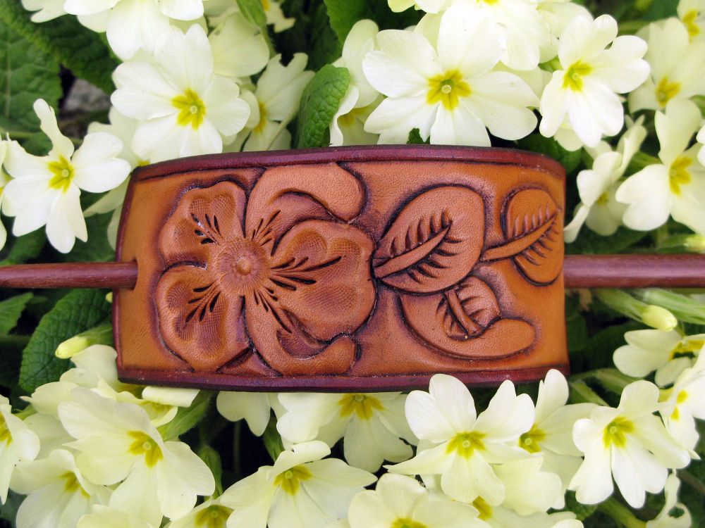 Handmade Leather Floral Tooled Hair Barrette with Wooden Stick