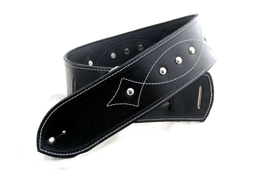 Handmade Black Leather Dome Studded Guitar Strap With Galvestone Loop Stitching