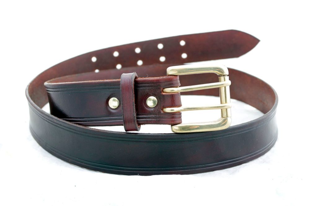 Handmade Dark Brown Leather Belt with Two Prong Brass Buckle