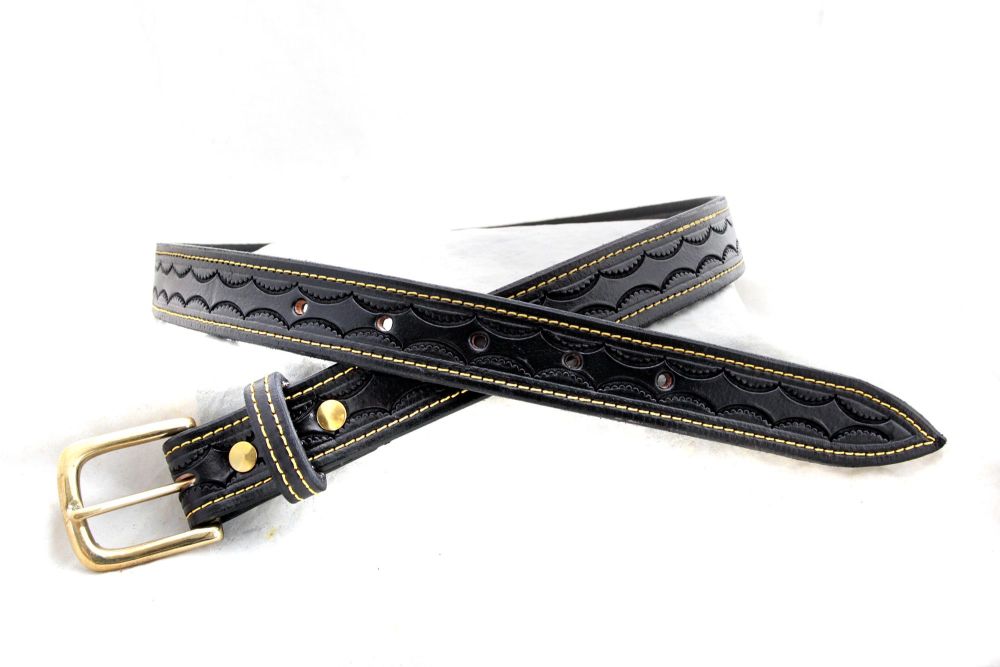 Handmade Black Leather Belt with Yellow Stitching