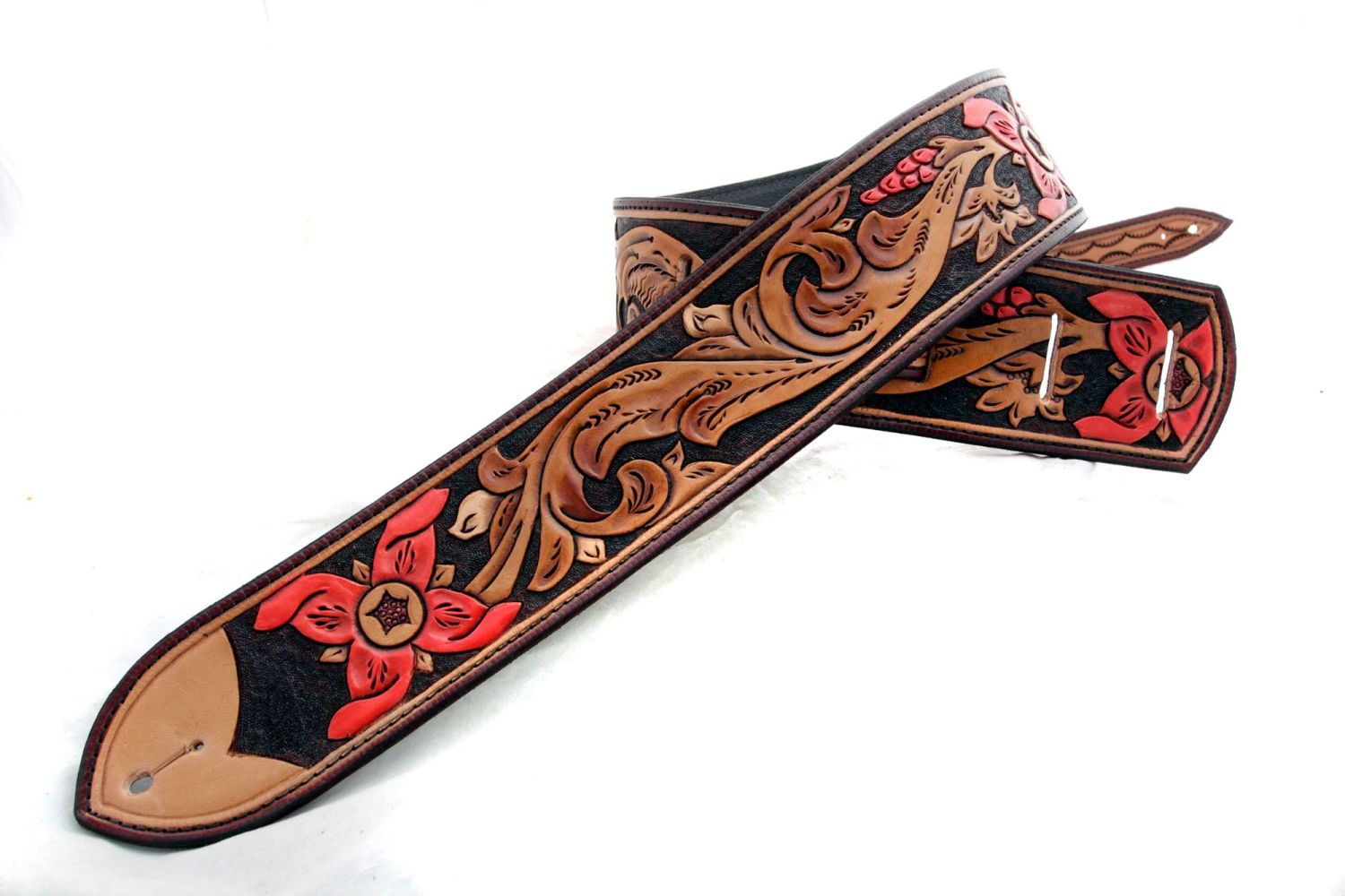 Handmade Leather Red Floral Tooled Guitar strap