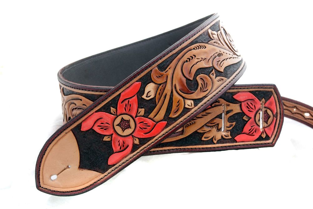 Handmade Leather Red Floral Tooled Guitar strap