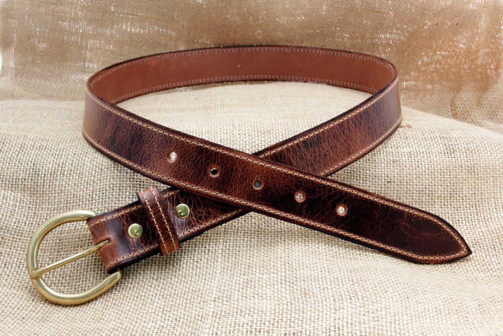 Handmade Distressed Brown Leather Belt with Brass Buckle
