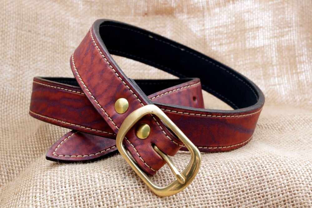 Handmade Leather Tiger Stripe Belt With Vintage Brass Buckle