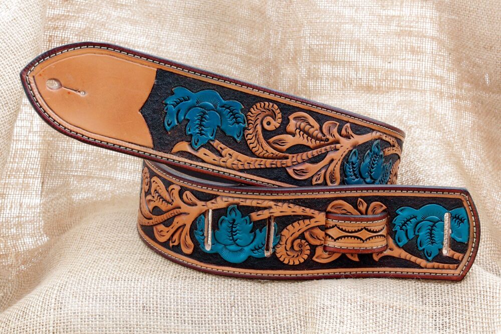 Handmade Leather Turquoise Floral Guitar Strap