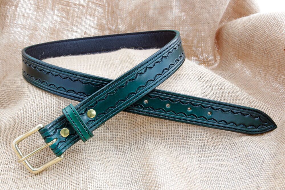 Handmade Green Leather Belt with Solid Brass Buckle