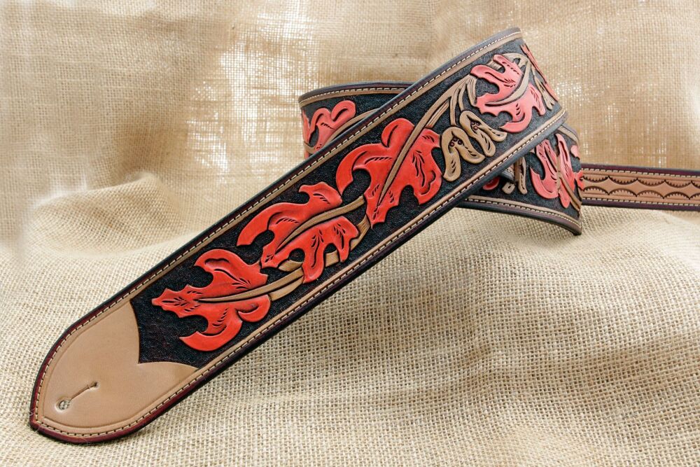 Handmade Leather Guitar Strap with Red Maple Leaf Design