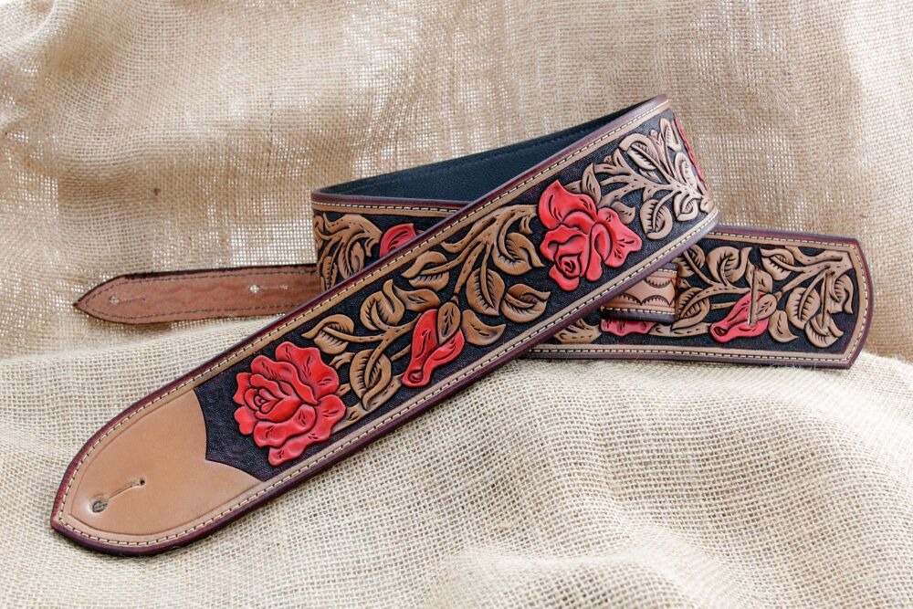 Handmade Leather Red Rose Guitar Strap