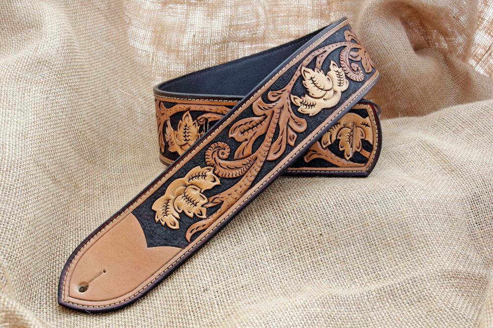 Handmade Leather Gold Floral Guitar Strap