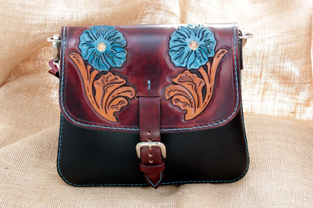 Handmade Leather Black and Turquoise Floral Tooled Shoulder Bag