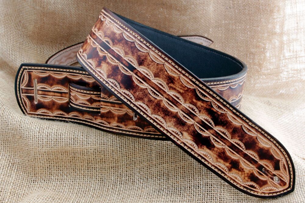 Handmade Leather Tooled Guitar Strap in Chocolate Brown