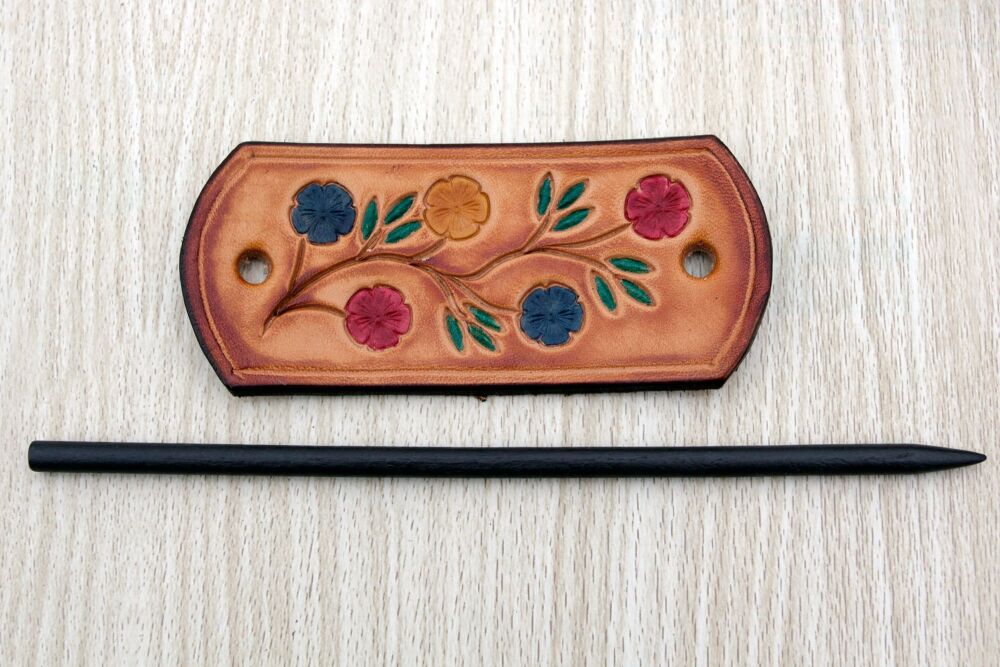 Handmade Leather Floral Hair Barrette With Wooden Stick