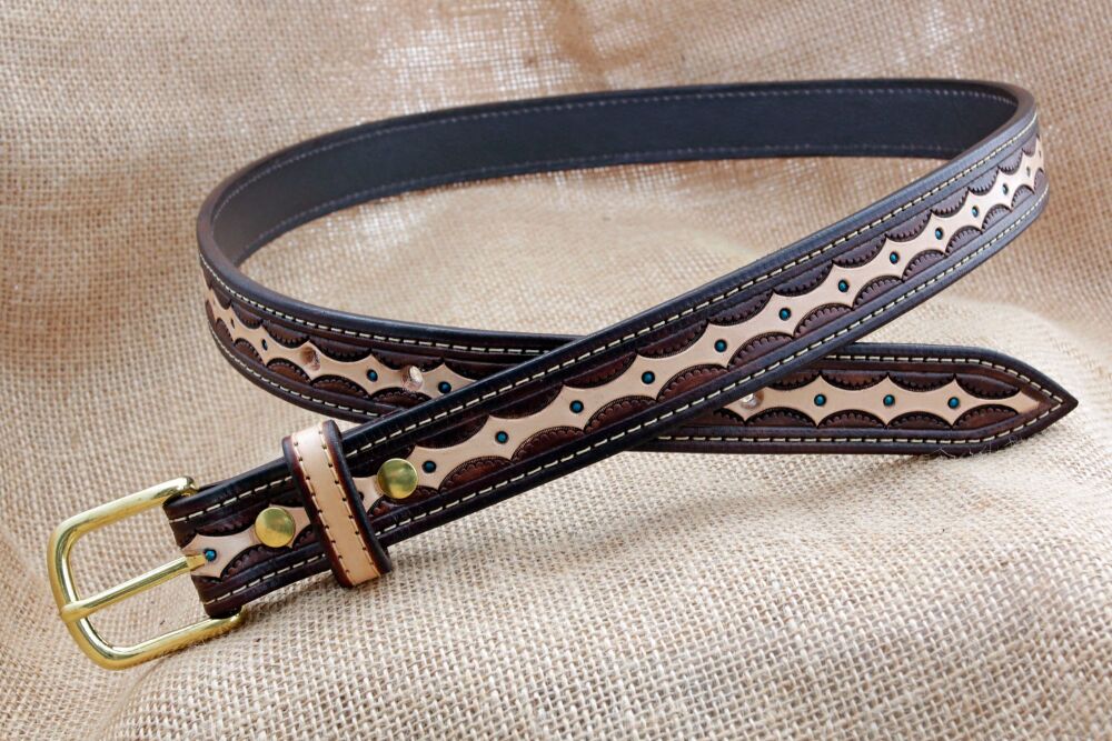Handmade Brown and Turquoise Tooled Leather Belt