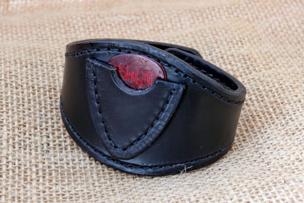 Handmade Black Leather Wristband with Guitar Pick Holder