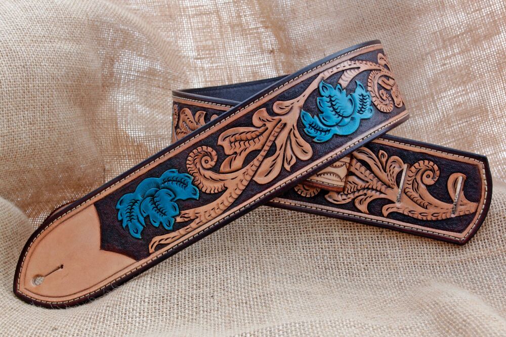 Handmade Leather Turquoise Floral Guitar Strap