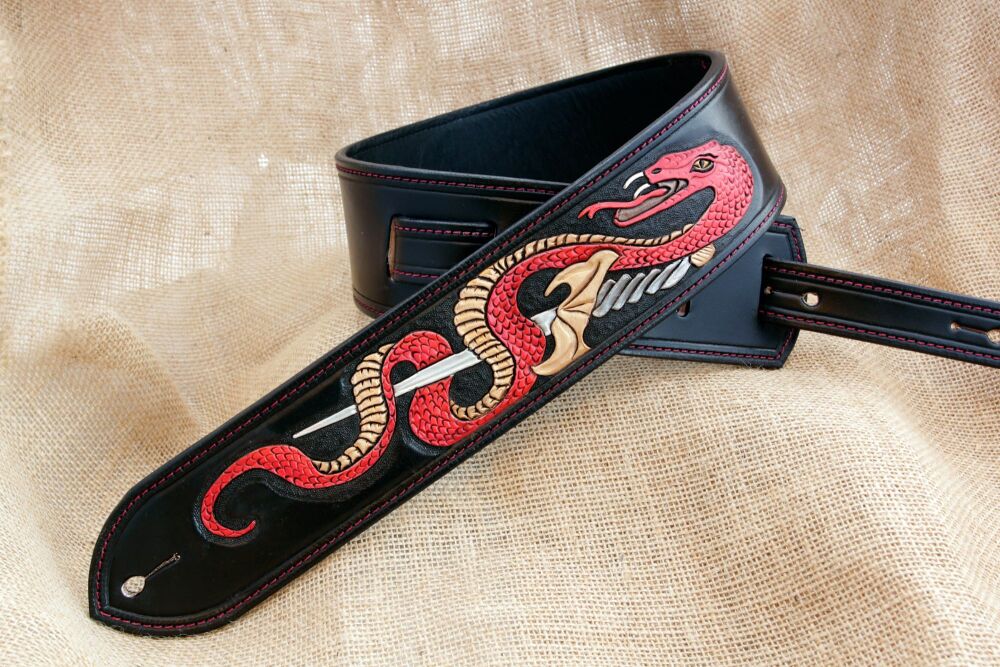 Handmade Tooled Black Leather Snake Guitar Strap