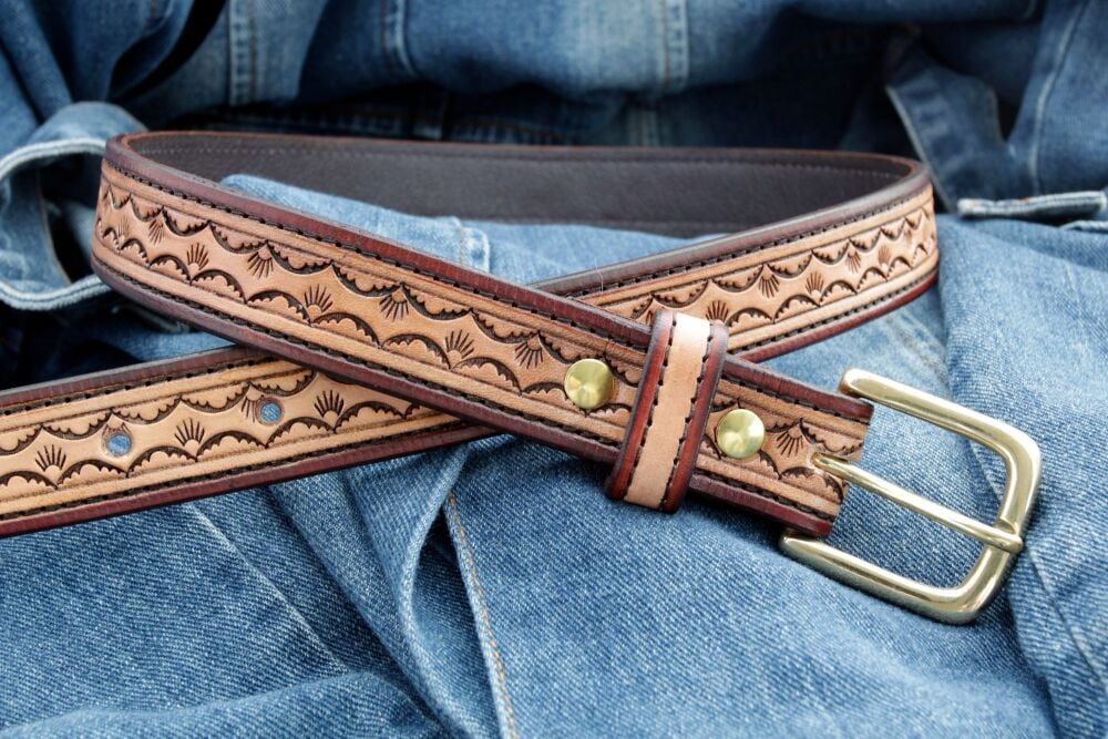 Handmade Brown and Tan Tooled Leather Belt
