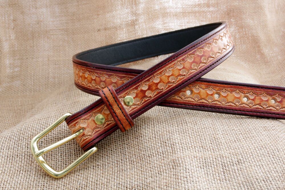 Handmade Leather Tooled Belt in Golden Brown