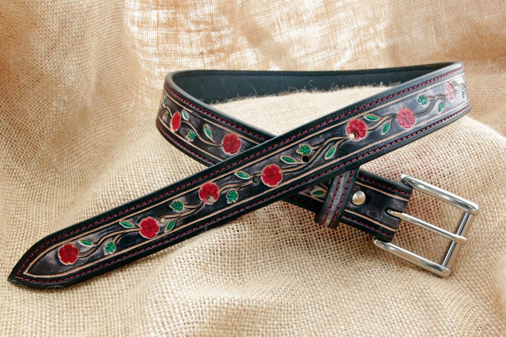 Handmade Black and Red Floral Tooled Leather Belt with Silver Coloured Roll