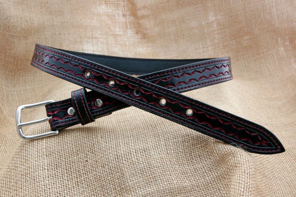 Handmade Black and Red Tooled Leather Belt