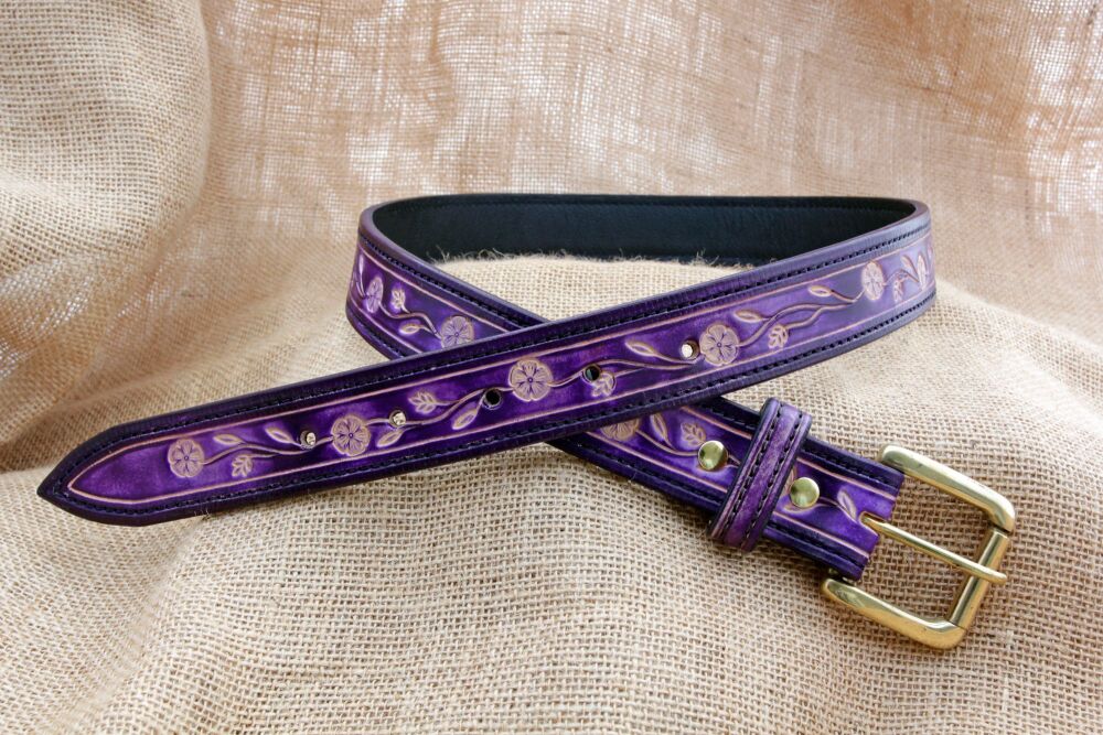 Handmade Purple Floral Tooled Leather Belt with Solid Brass Buckle