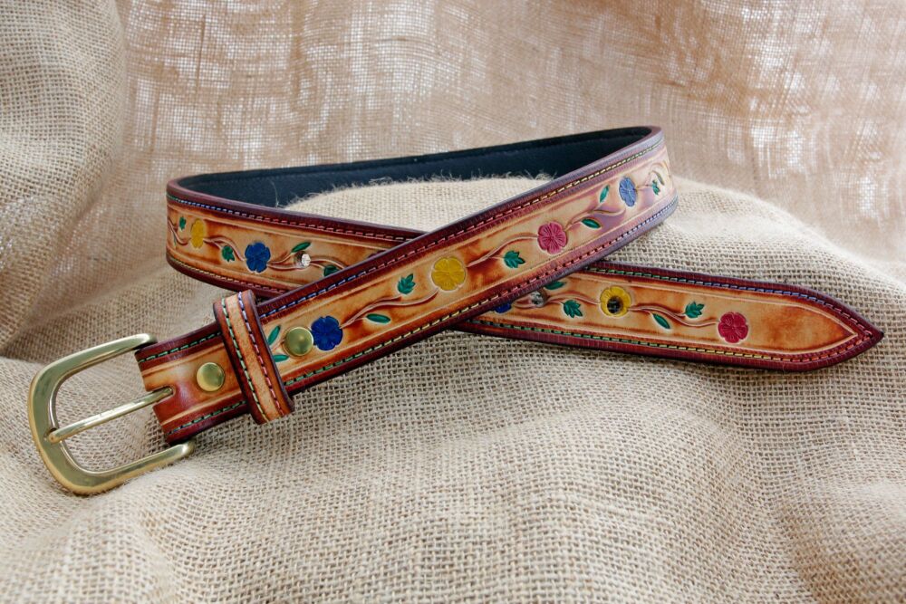 Handmade Tooled Leather Floral Belt with Brass Buckle