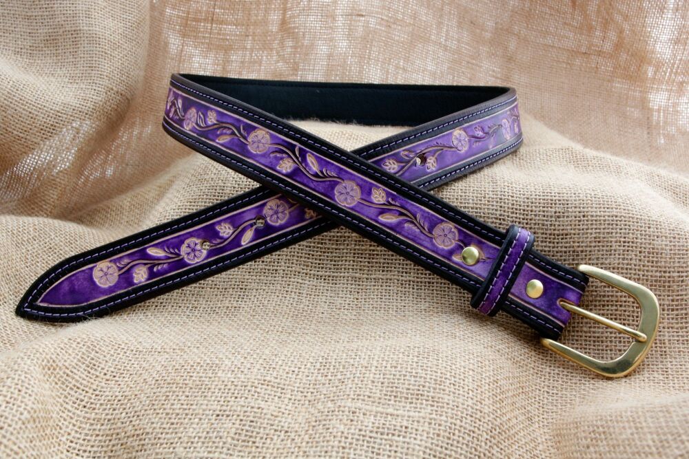 Handmade Purple and Black Floral Tooled Leather Belt