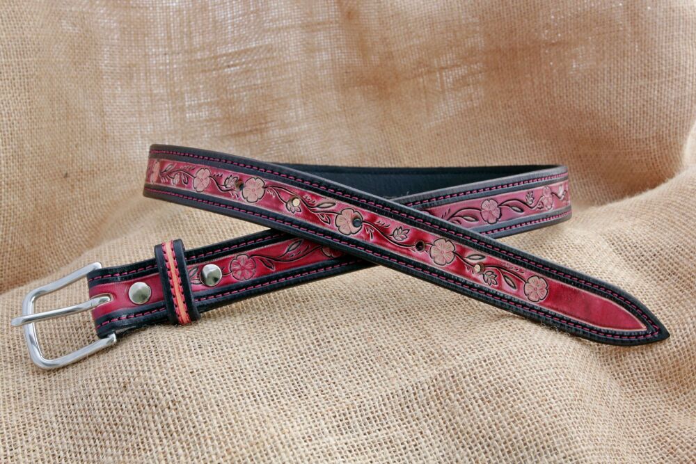 Handmade Red and Black Floral Tooled Leather Belt