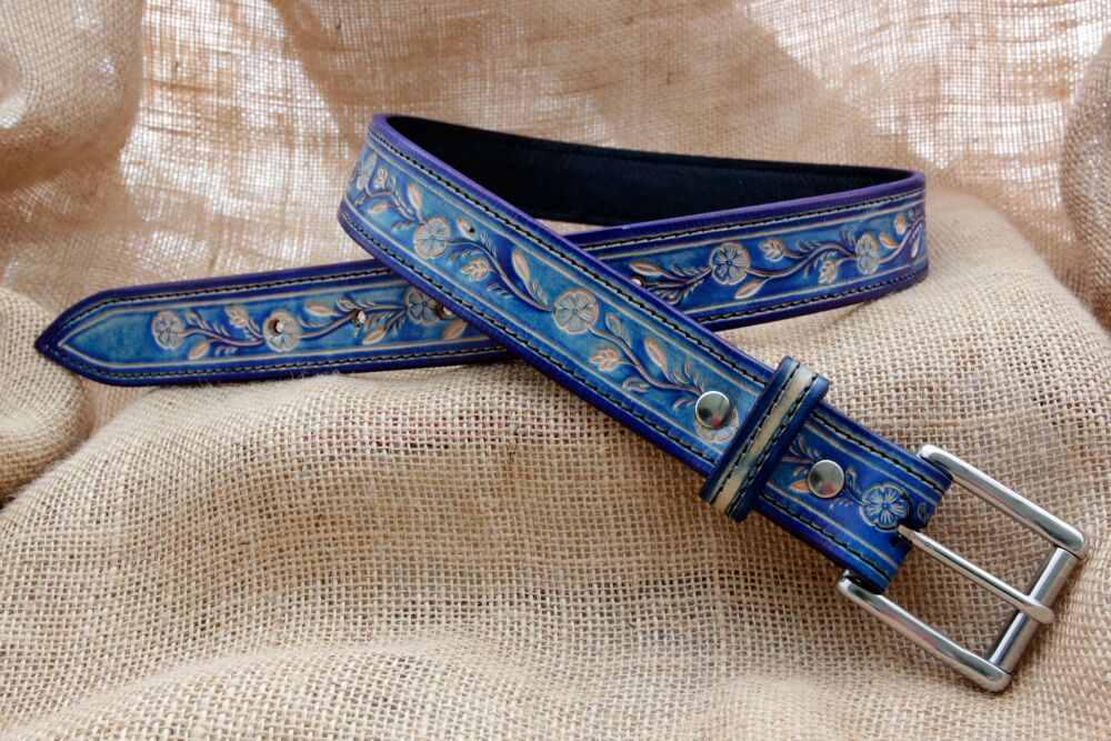 Handmade Blue Leather Floral Belt