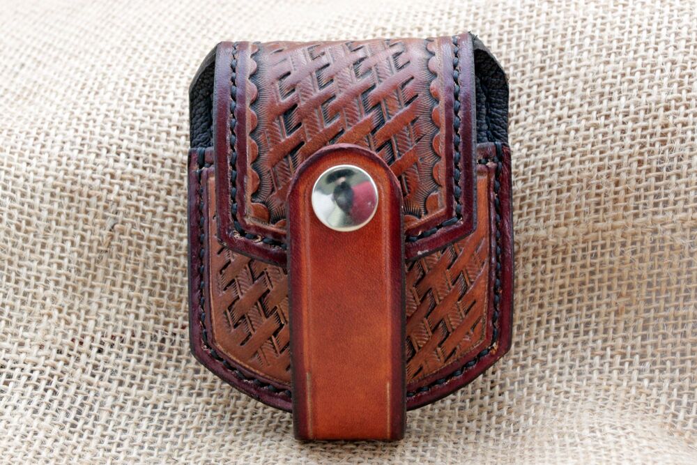 Handmade Leather Pocket Watch Pouch with Belt Loop Basket Weave Design