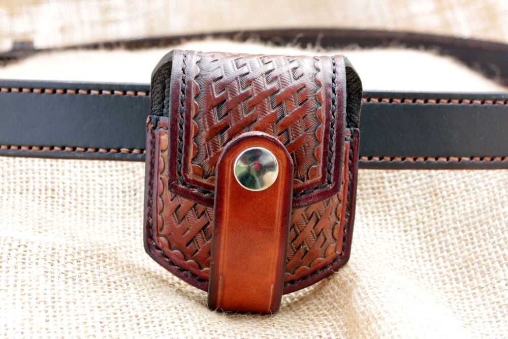 Handmade Leather Pocket Watch Pouch with Belt Loop Basket Weave Design