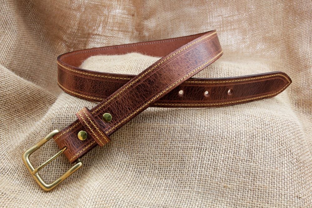 Handmade Distressed Brown Leather Belt with Brass Buckle