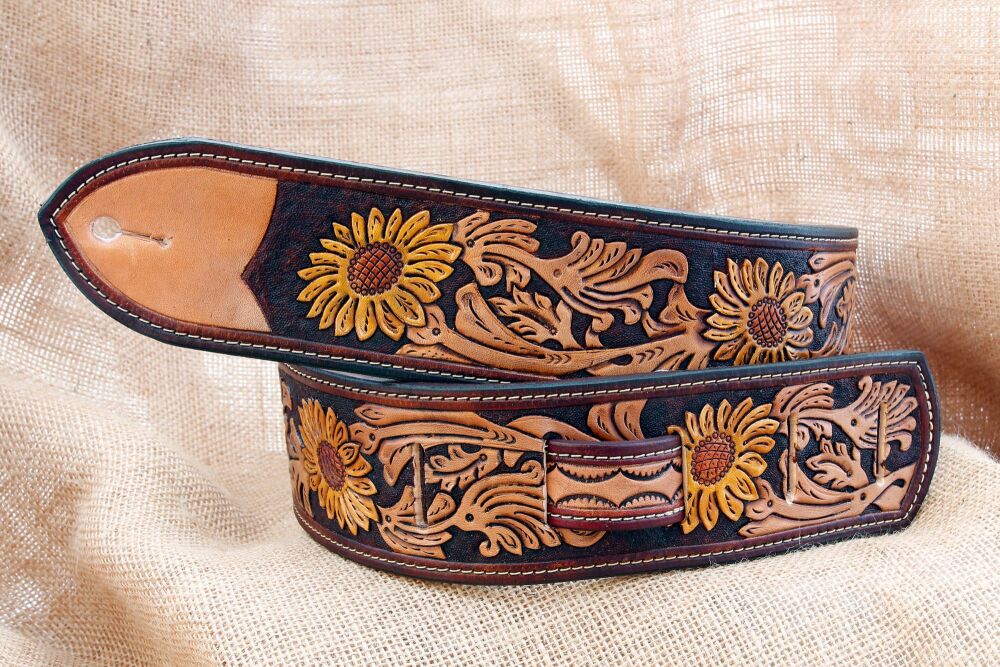 Handmade Leather Wild Sunflower Guitar Strap