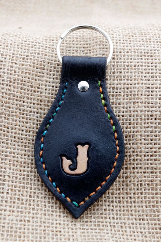 Handmade Personalised Black Leather Keyring With Initial