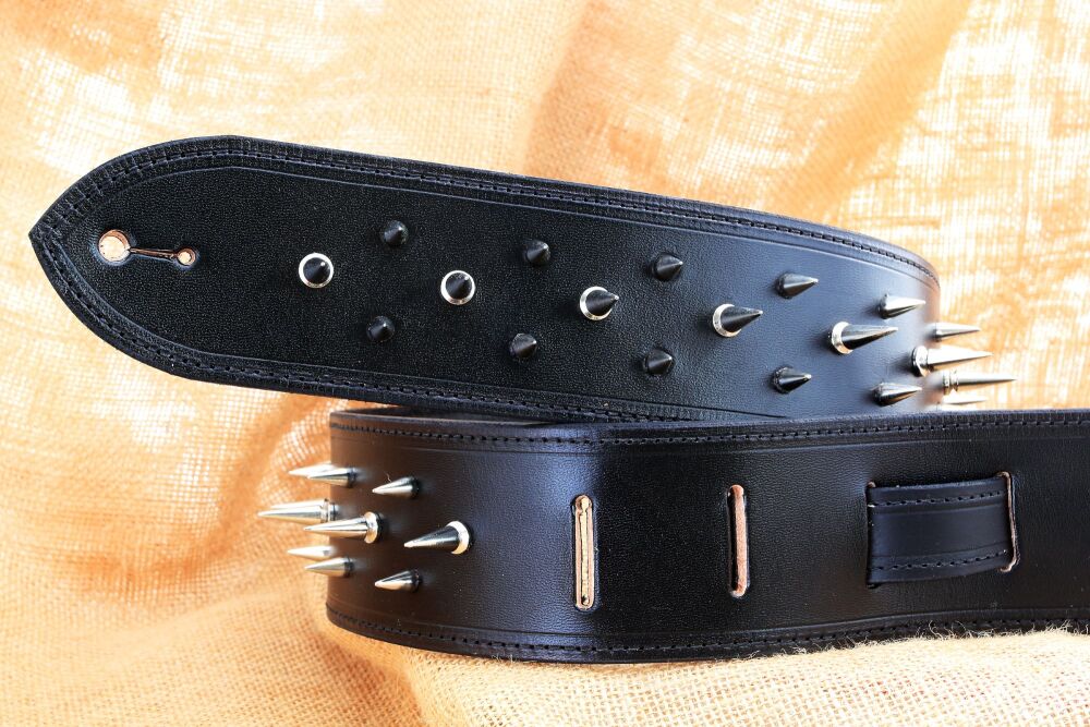 Handmade Black Leather Guitar Strap with Spikes