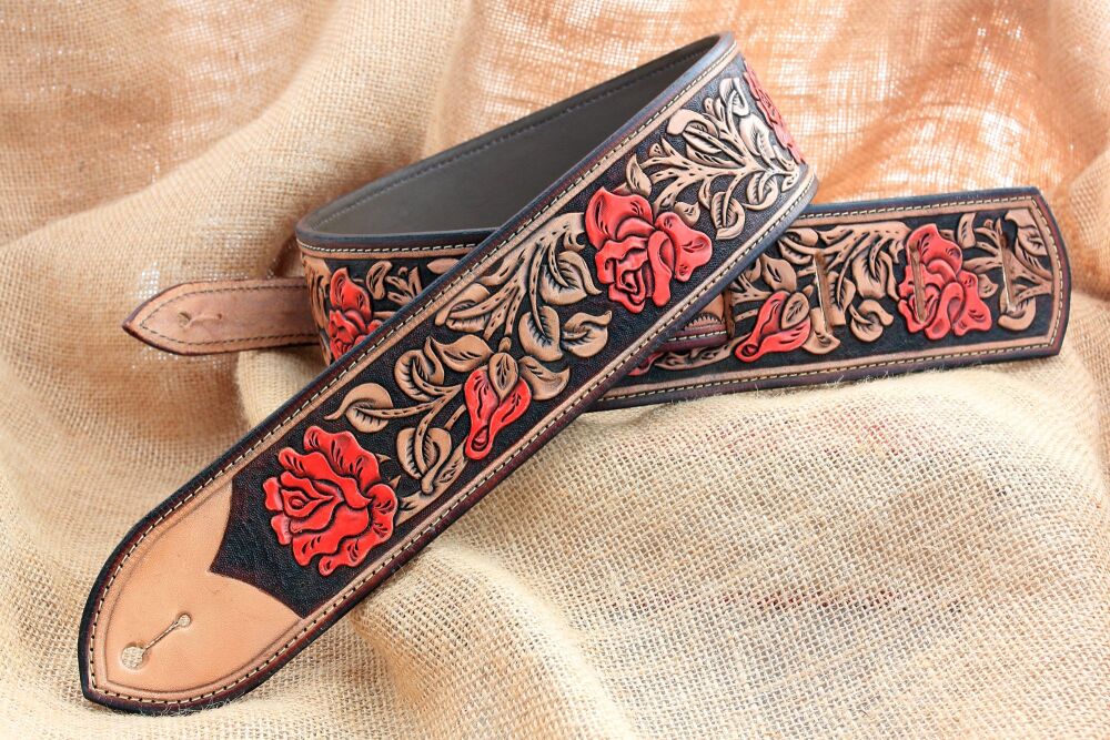 Handmade Leather Red Rose Guitar Strap