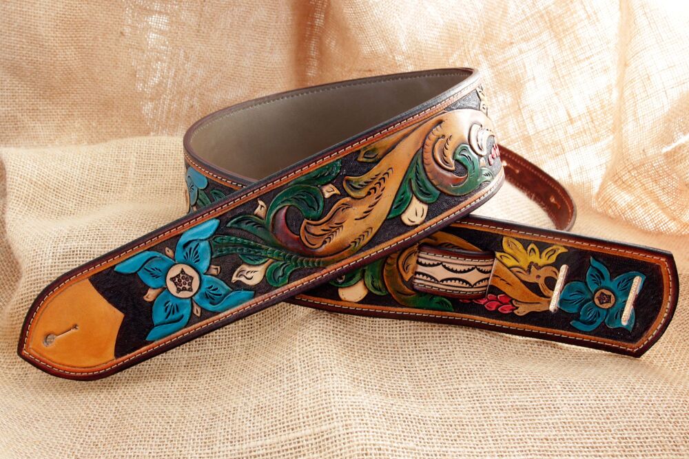 Handmade Leather Scroll Tooled Guitar Strap