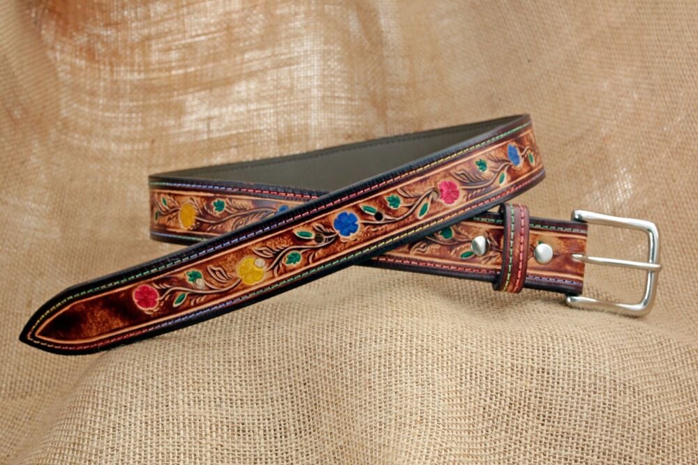 Handmade Chocolate Brown Floral Tooled Leather Belt with Silver Coloured Buckle