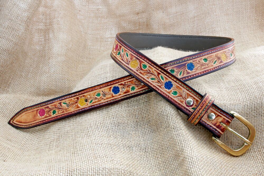 Handmade Tooled Leather Floral Belt with Brass Buckle