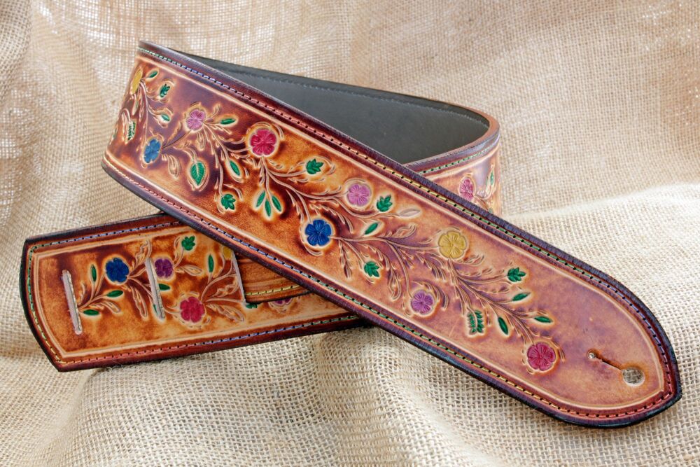 Handmade Leather Colourful Floral Tooled Guitar Strap