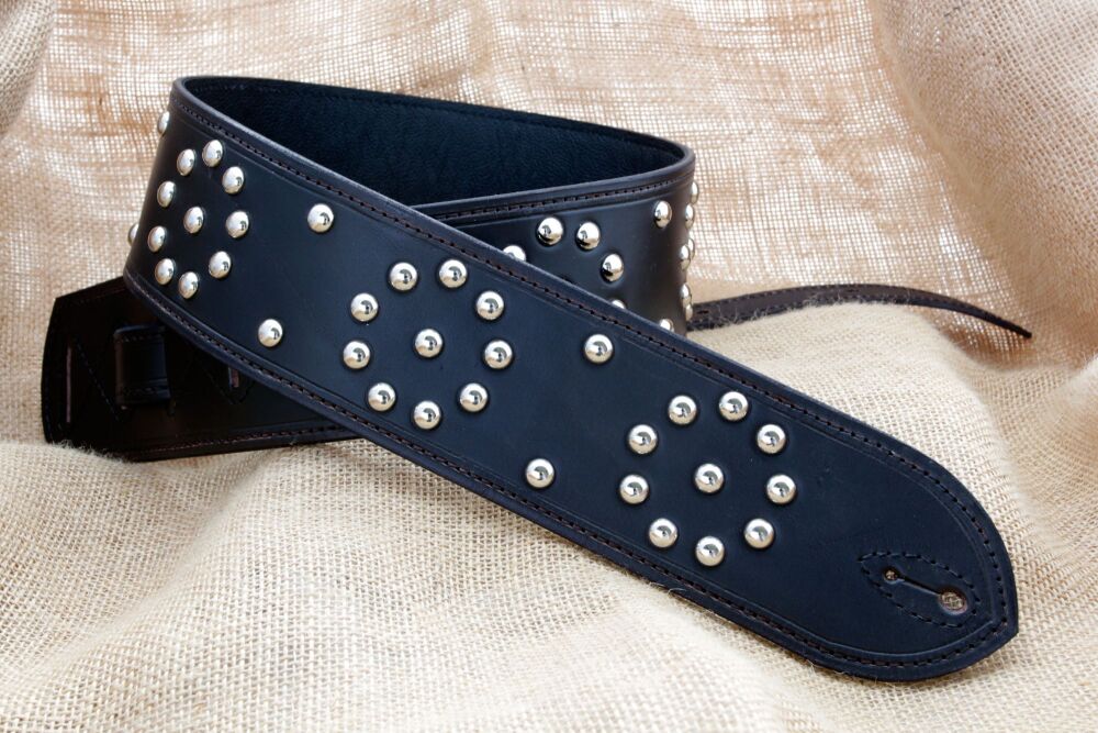 Handmade Black Leather Studded Guitar Strap
