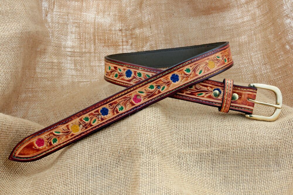 Handmade Tooled Leather Floral Belt with Brass Buckle