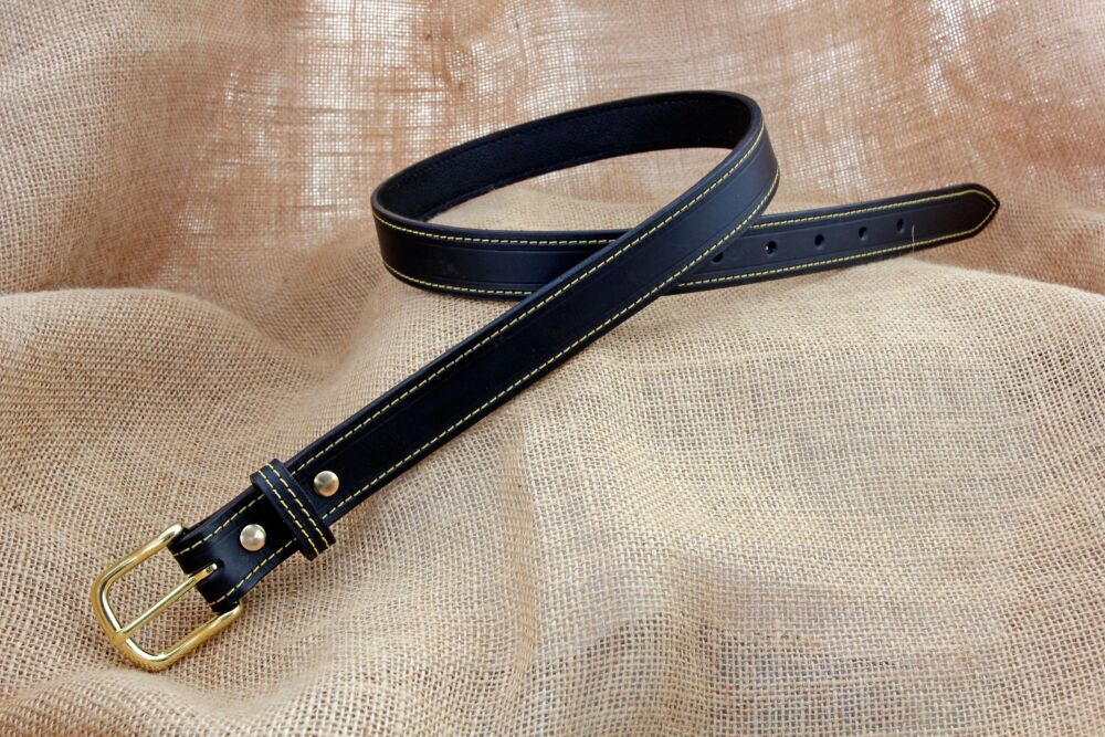 Handmade Black Leather Belt with Yellow Stitching