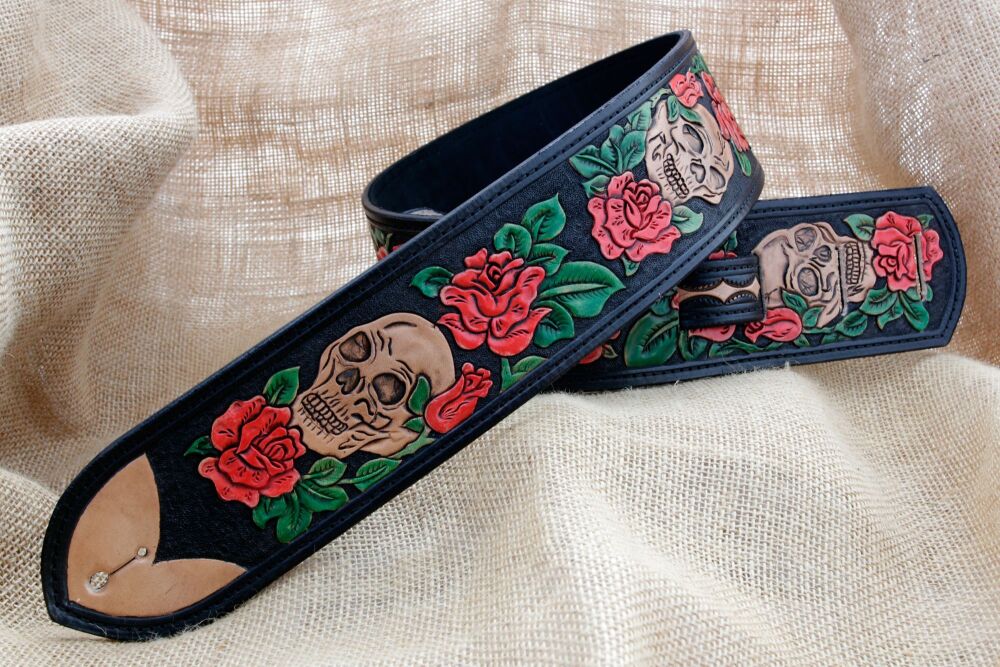 Hand Tooled Leather Red Rose and Skull Guitar Strap