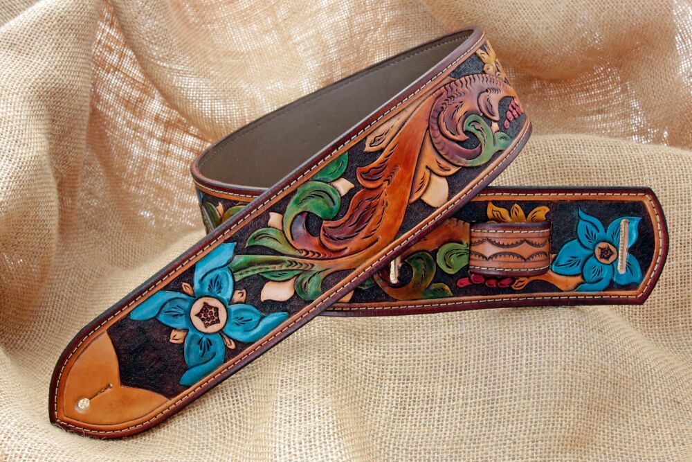 Handmade Leather Scroll Tooled Guitar Strap