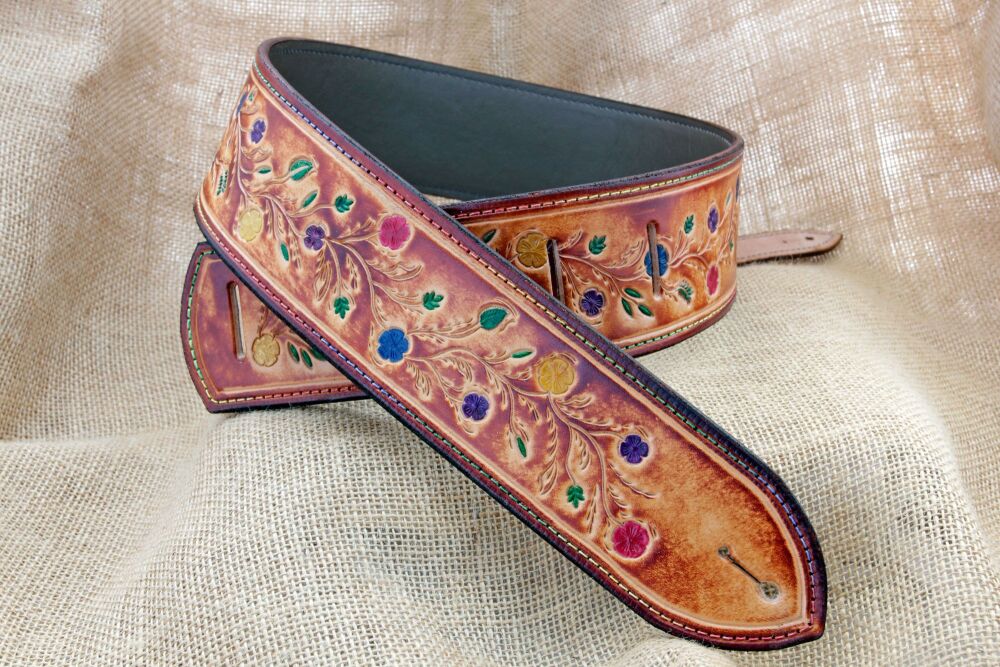 Handmade Leather Colourful Floral Tooled Guitar Strap