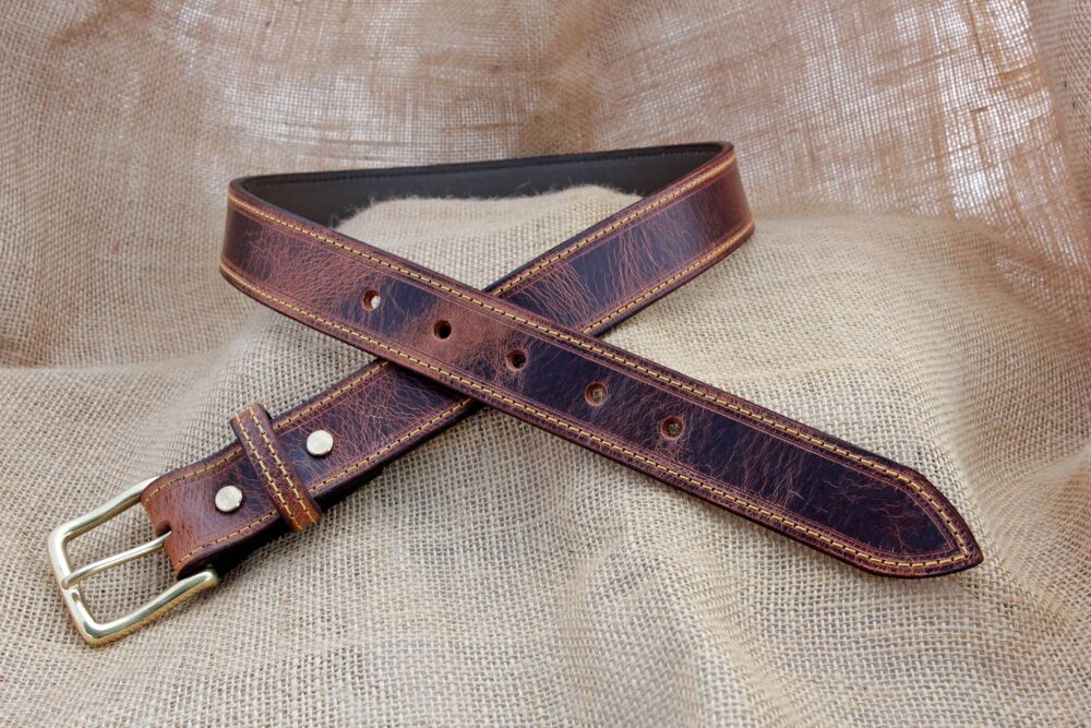 Handmade Distressed Brown Leather Belt with Brass Buckle
